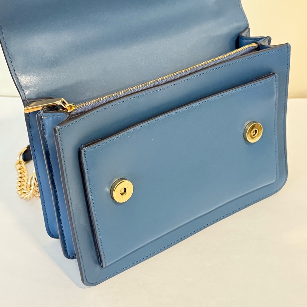 Michael Kors Jade Gusset Leather Shoulder Bag Blue Gold Chain Crossbody Shoulder - Picture 12 of 16